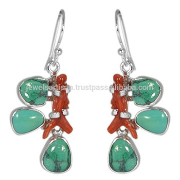 Gorgeous Coral Stick & tibetano turquesa piedras preciosas con 925 Silver Desing pendientes con el mejor precio